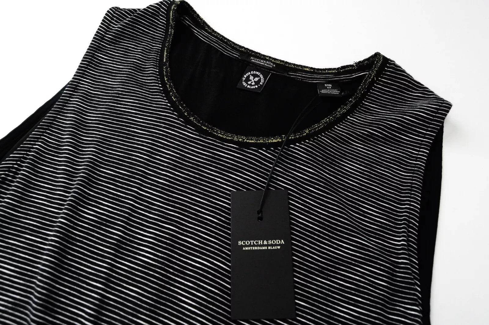 SCOTCH & SODA Ams Blauw Women T-Shirt M Black Striped Long Sleeveless Round Neck