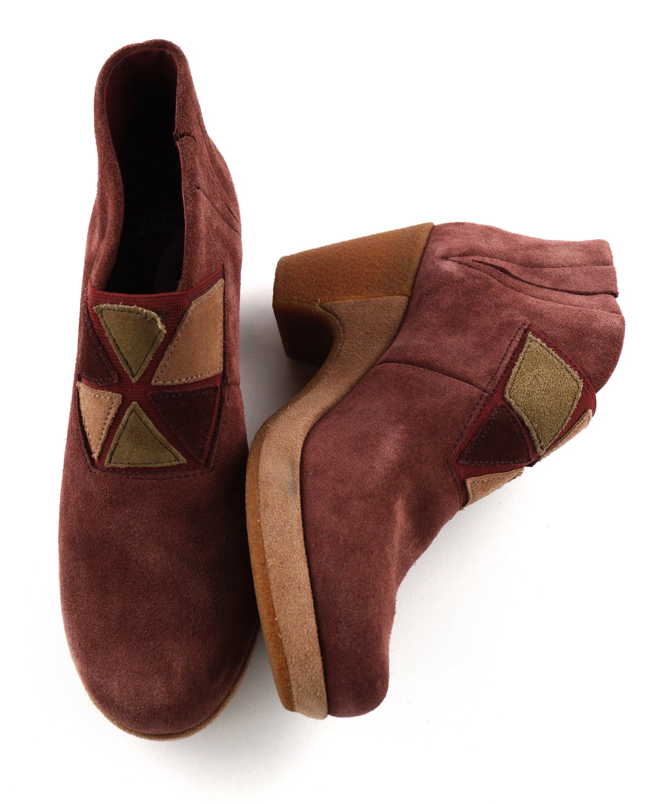 CAMPER Women Boots EU37 UK4 Burgundy Suede Leather Patch Heel Almond Toe Pull On