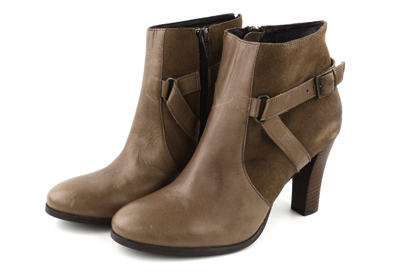 JONAK Women Boots EU39 UK6.5 Brown Suede Leather Zip Almond Toe High Heel Buckle