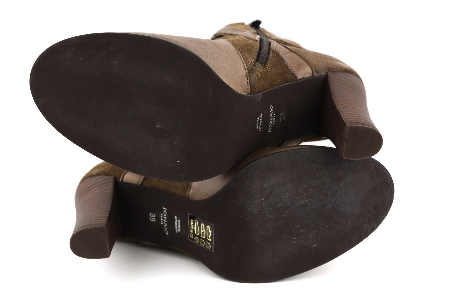 JONAK Women Boots EU39 UK6.5 Brown Suede Leather Zip Almond Toe High Heel Buckle