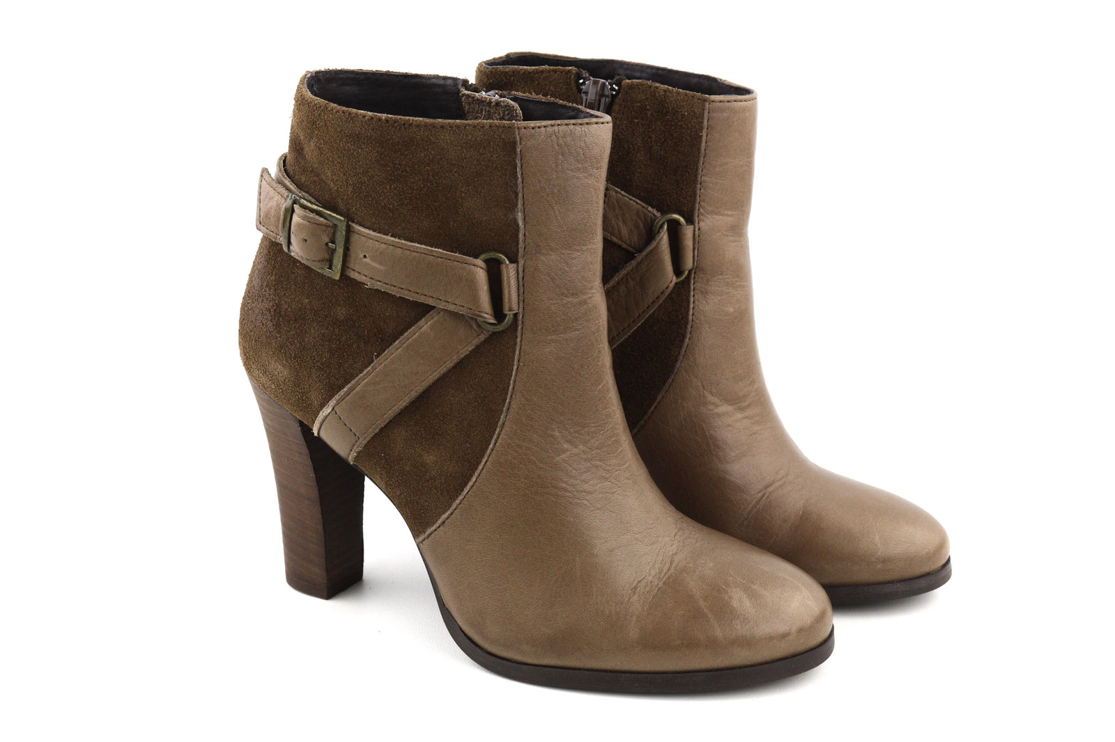 JONAK Women Boots EU36 UK3.5 Brown Suede Leather Zip Almond Toe High Heel Buckle