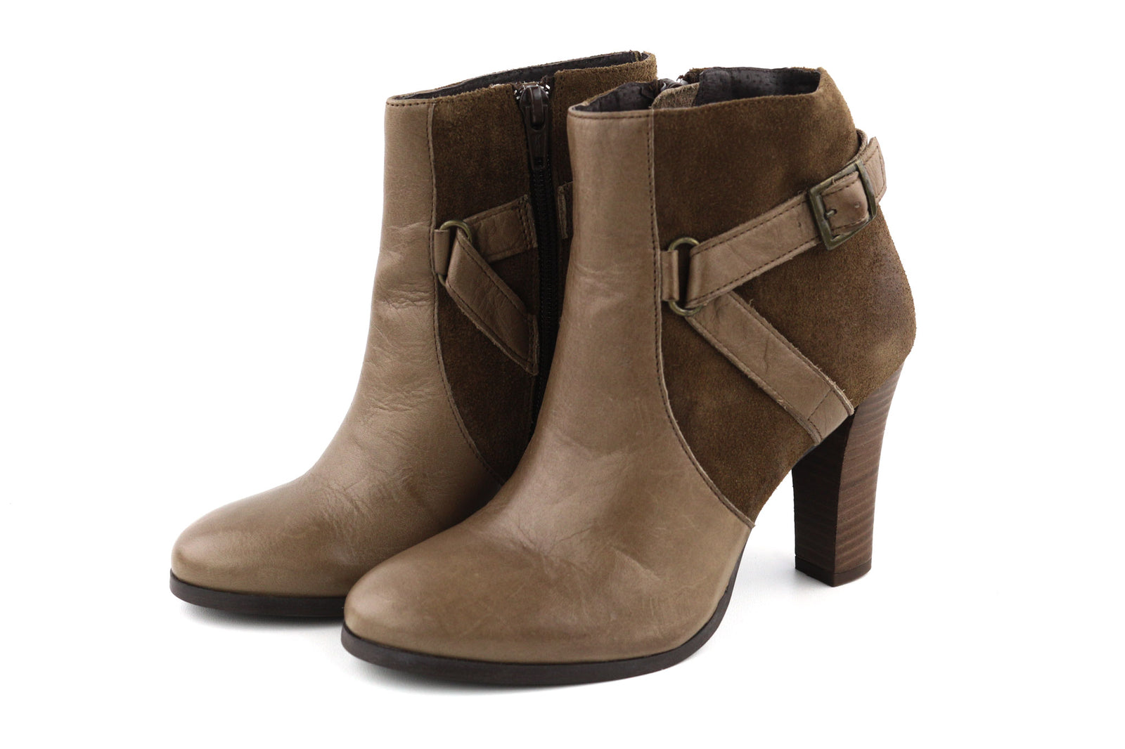 JONAK Women Boots EU36 UK3.5 Brown Suede Leather Zip Almond Toe High Heel Buckle