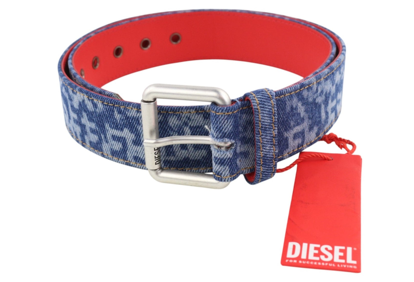 DIESEL B-Monogram Men Belt 95 cm Blue Red Leather Denim Patterned Casual RRP€150