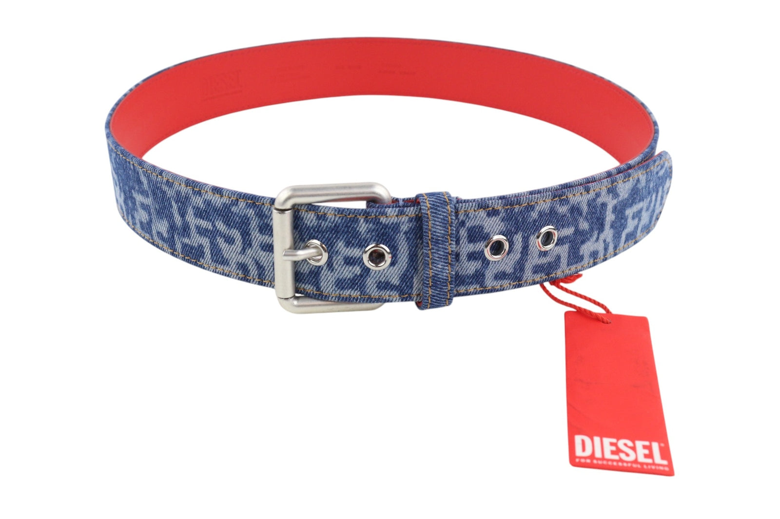 DIESEL B-Monogram Men Belt 95 cm Blue Red Leather Denim Patterned Casual RRP€150