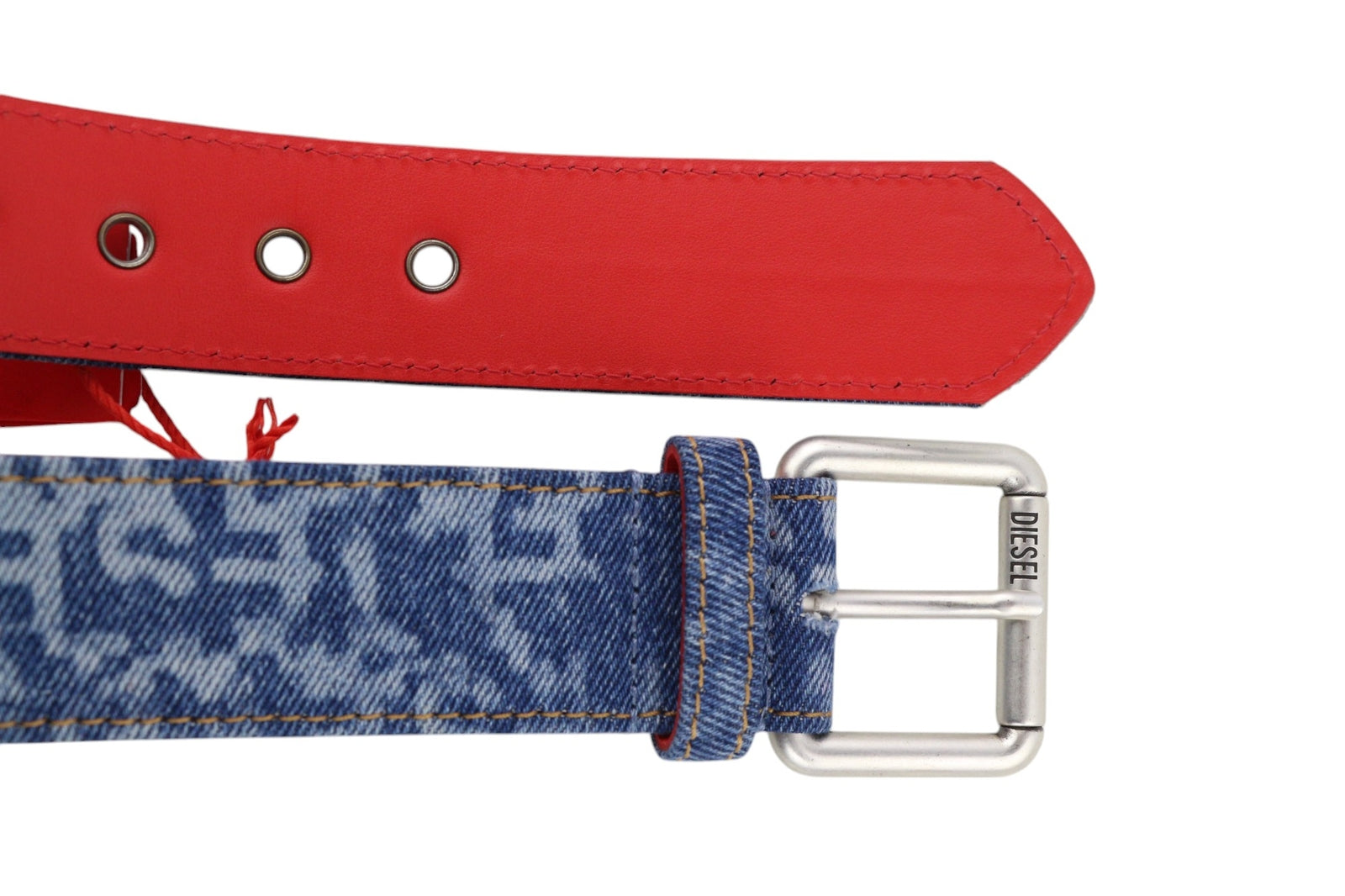 DIESEL B-Monogram Men Belt 95 cm Blue Red Leather Denim Patterned Casual RRP€150