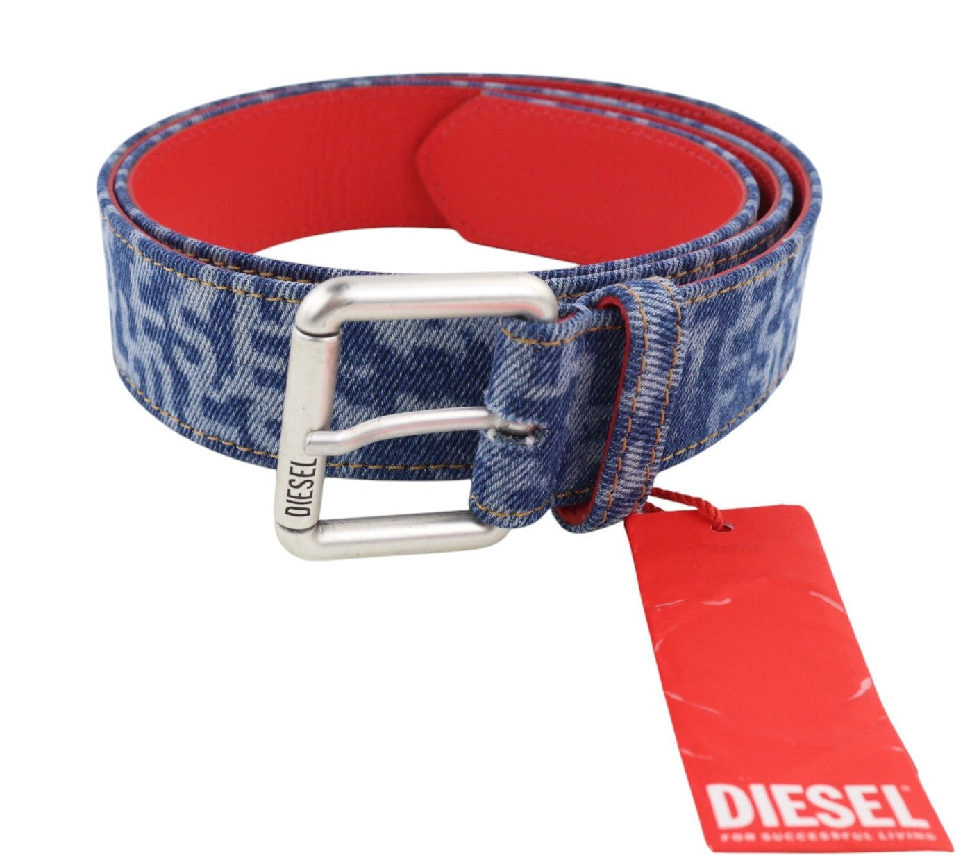 DIESEL B-Monogram Men Belt 105 cm Blue Red Leather Denim Patterned RRP€150