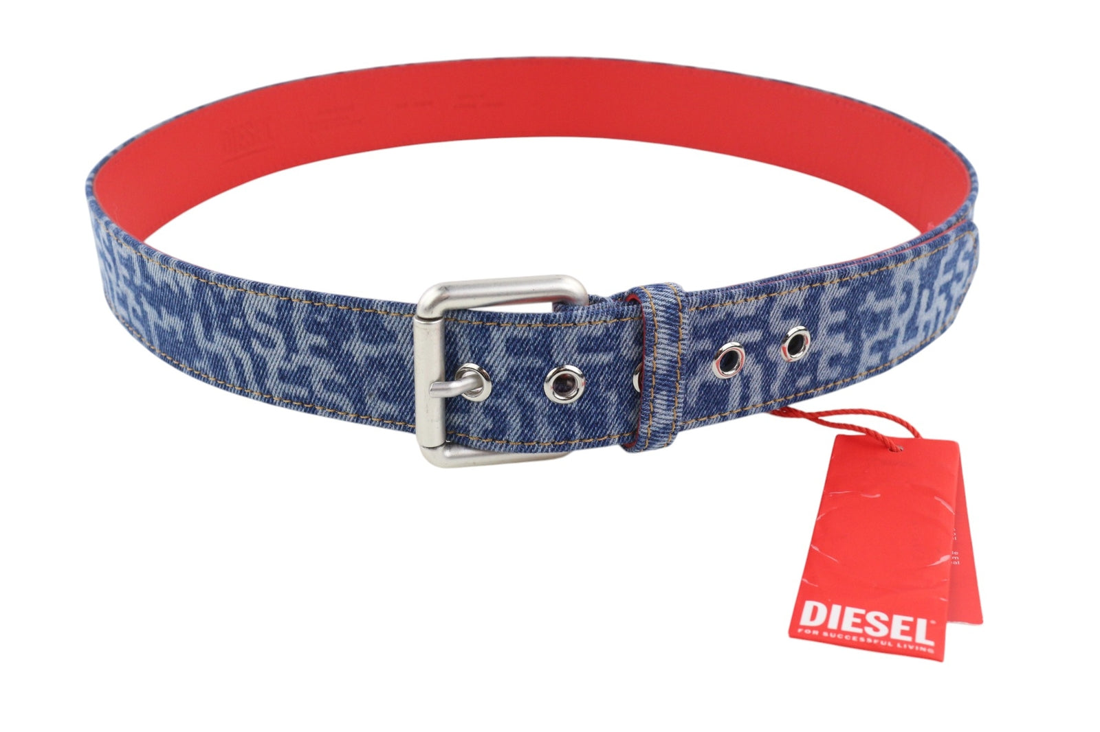 DIESEL B-Monogram Men Belt 105 cm Blue Red Leather Denim Patterned RRP€150