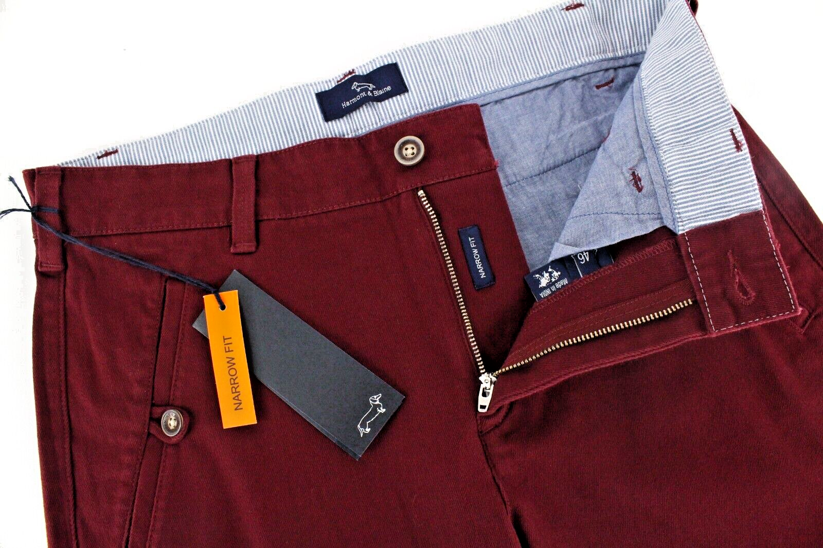 HARMONT & BLAINE Men Burgundy Red Trousers 46 Slim Twill Pocketed Stretch Fit