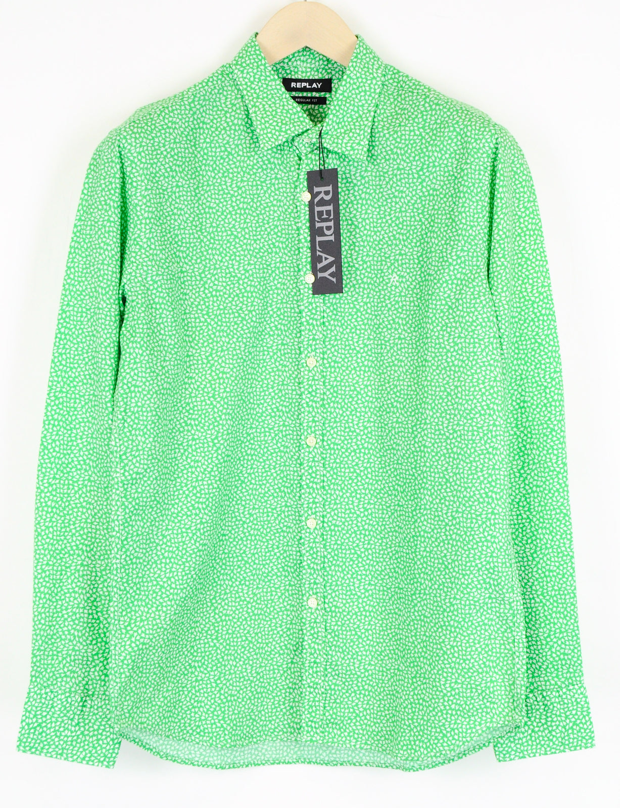 REPLAY Men Shirt M Green Long Sleeve Patterned Cutaway Pure Cotton Collar