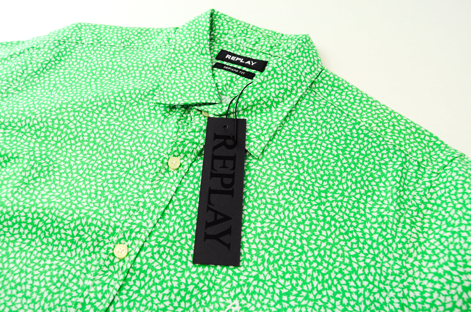 REPLAY Men Shirt M Green Long Sleeve Patterned Cutaway Pure Cotton Collar