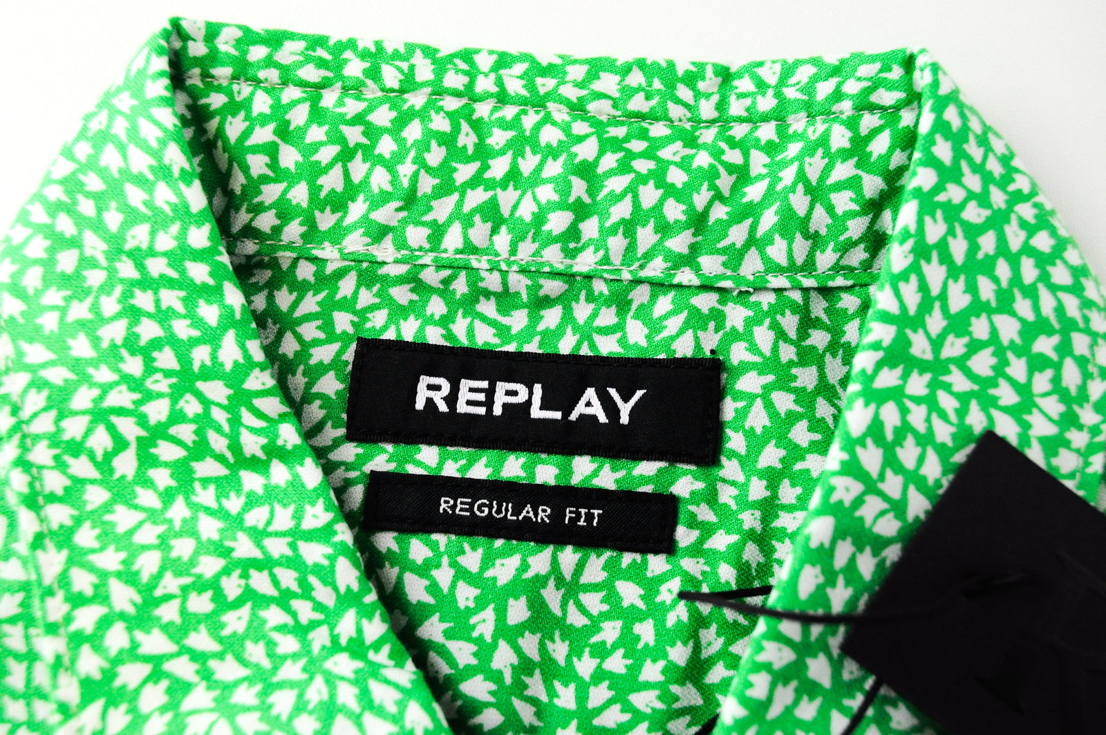 REPLAY Men Shirt M Green Long Sleeve Patterned Cutaway Pure Cotton Collar