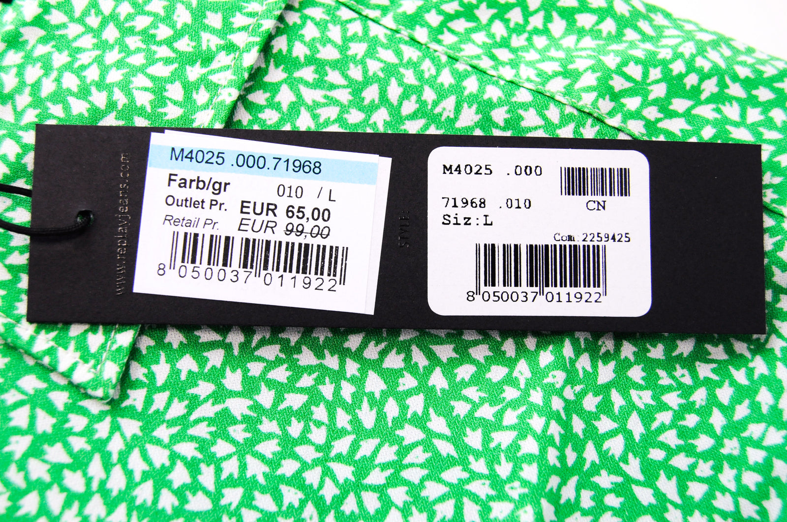 REPLAY Men Green Shirt L Patterned Cutaway Collared Pure Cotton Long Sleeve