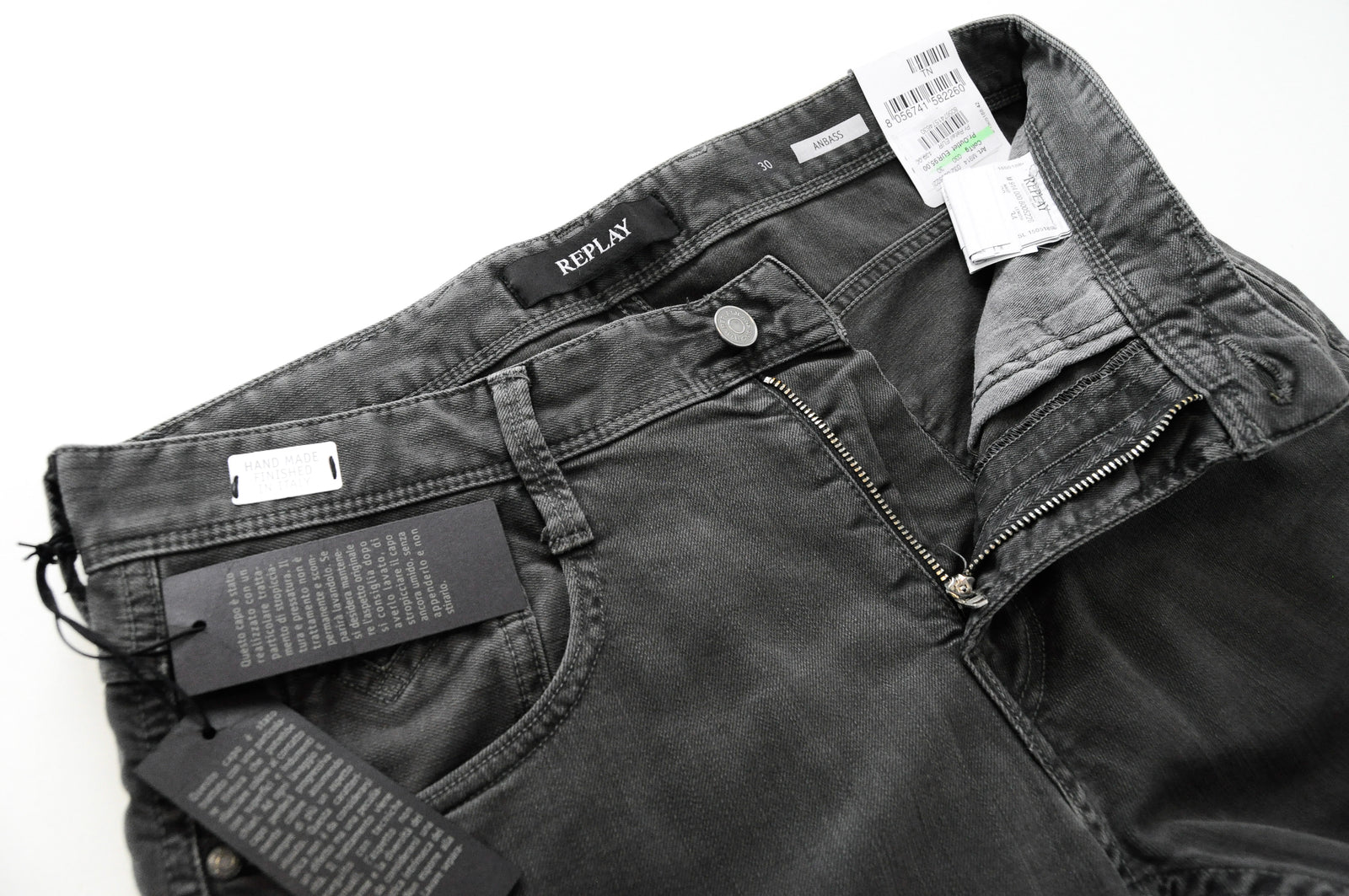 REPLAY Anbass Men W30/L34 Grey Slim Fit Jeans Cotton Stretch 5-Pocket Denim