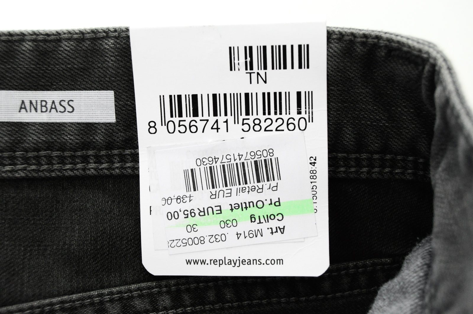 REPLAY Anbass Men W30/L34 Grey Slim Fit Jeans Cotton Stretch 5-Pocket Denim