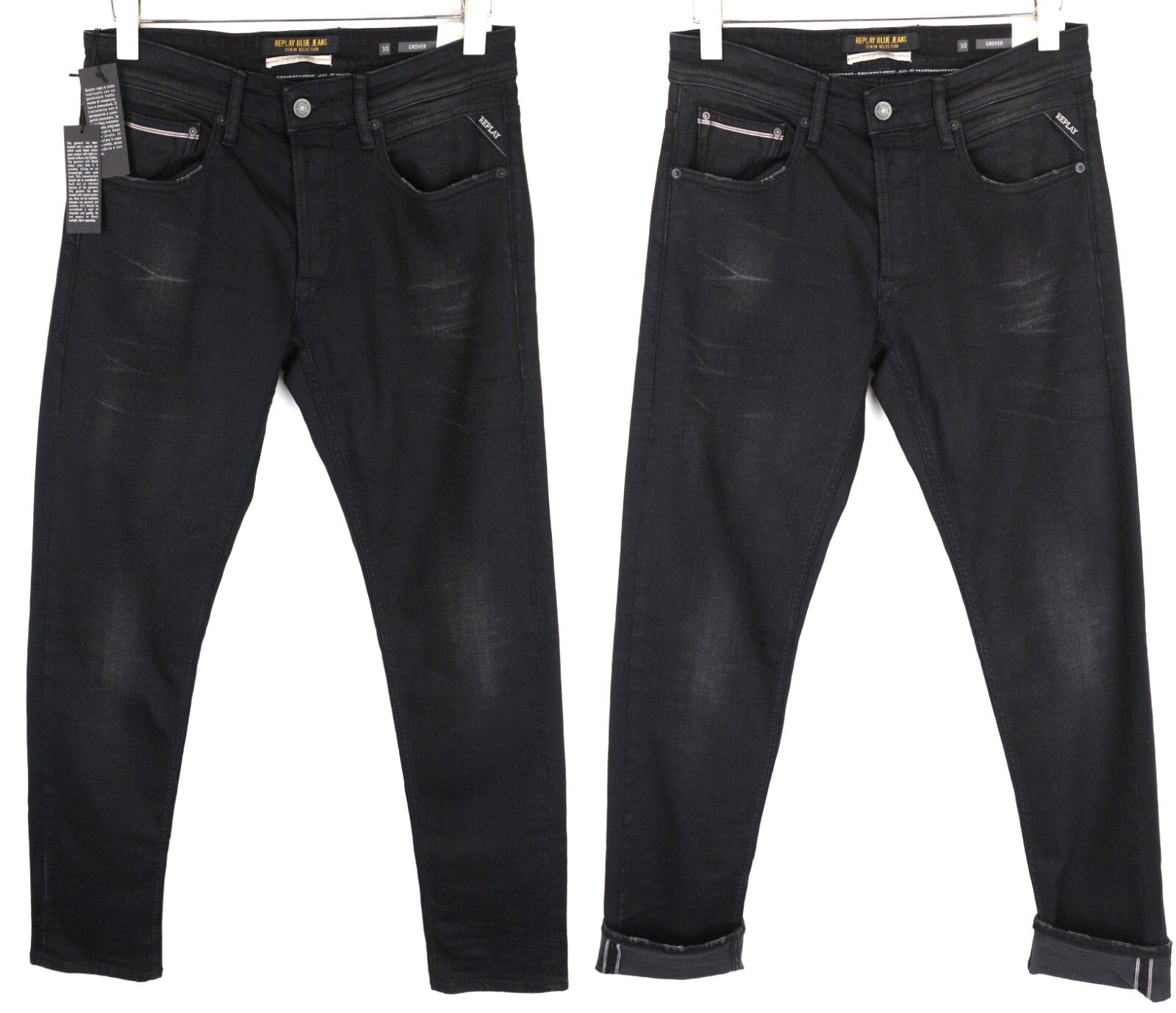 REPLAY Grover W30 L34 juodi vyriški „Selvedge“ stiliaus džinsai, skalbti, tiesaus kirpimo, tamprūs 