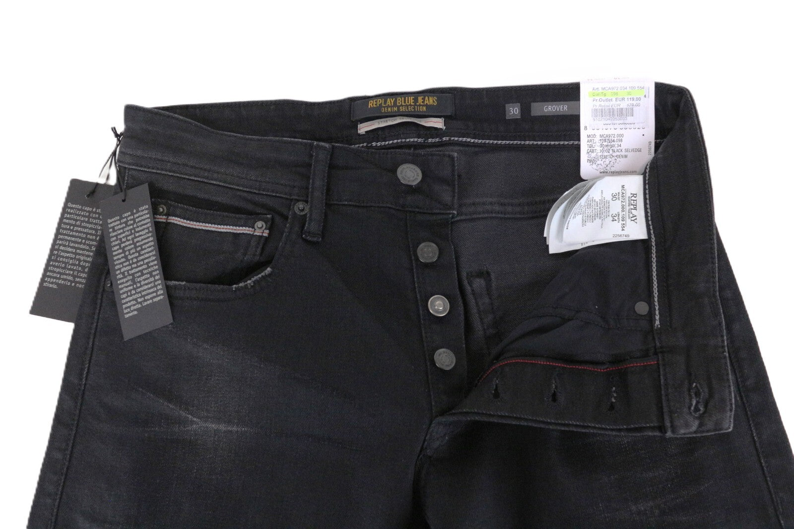 REPLAY Grover W30 L34 juodi vyriški „Selvedge“ stiliaus džinsai, skalbti, tiesaus kirpimo, tamprūs 