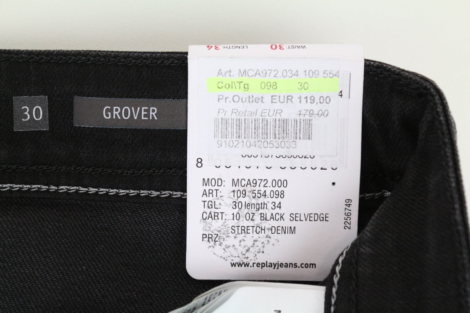 REPLAY Grover W30 L34 juodi vyriški „Selvedge“ stiliaus džinsai, skalbti, tiesaus kirpimo, tamprūs 