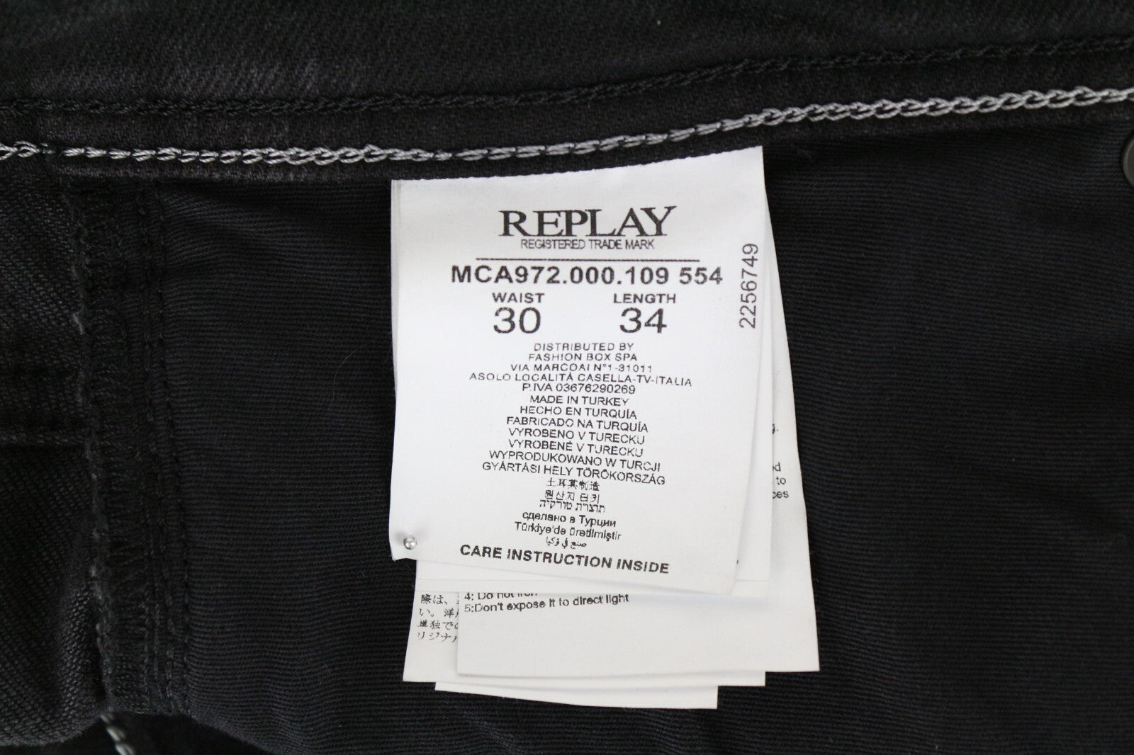 REPLAY Grover W30 L34 juodi vyriški „Selvedge“ stiliaus džinsai, skalbti, tiesaus kirpimo, tamprūs 