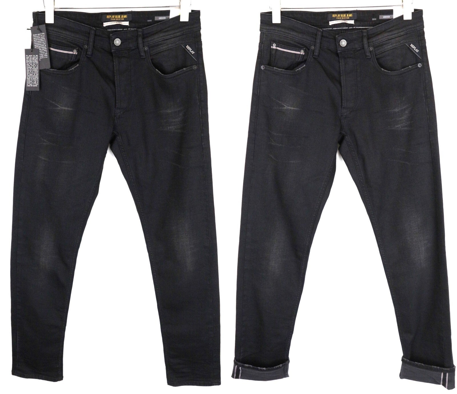 REPLAY Grover W29 L34 Straight Black Stretch Selvedge Jeans for Men