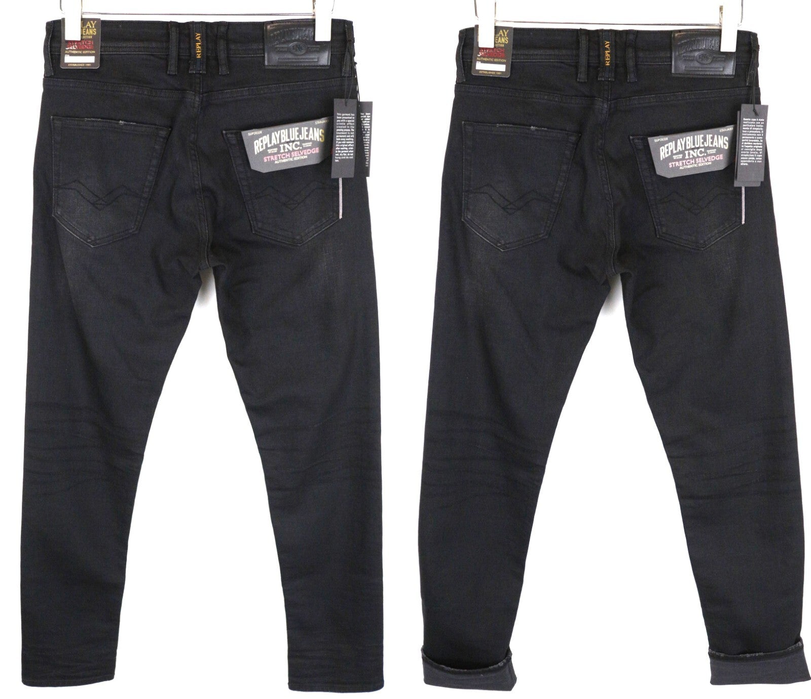 REPLAY Grover W29 L34 Straight Black Stretch Selvedge Jeans for Men