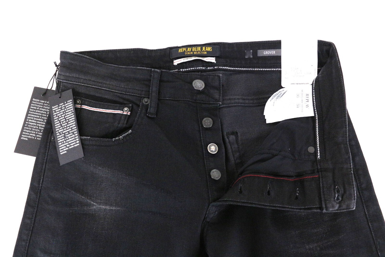 REPLAY Grover W29 L34 Straight Black Stretch Selvedge Jeans for Men