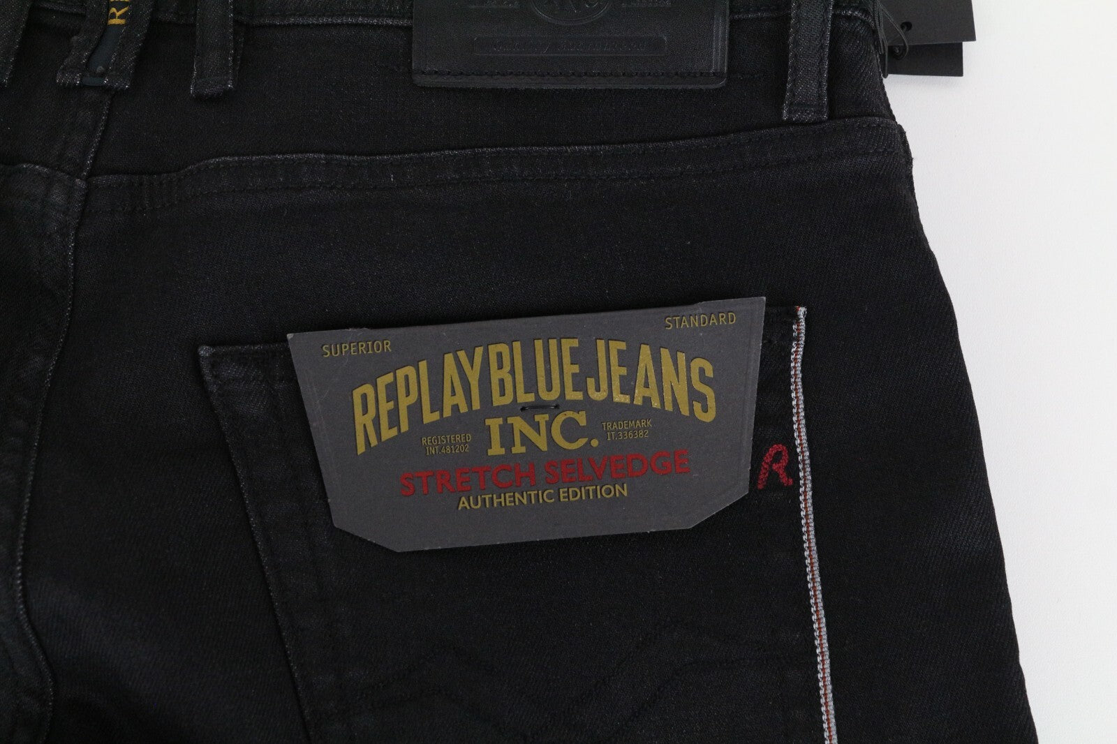 REPLAY Grover W29 L34 Straight Black Stretch Selvedge Jeans for Men