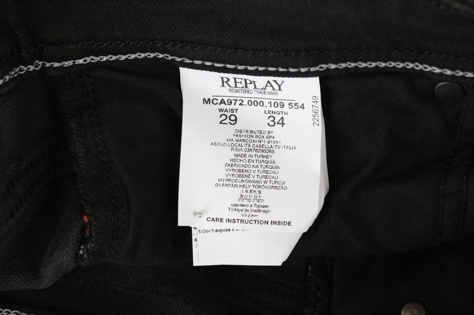 REPLAY Grover W29 L34 Straight Black Stretch Selvedge Jeans for Men