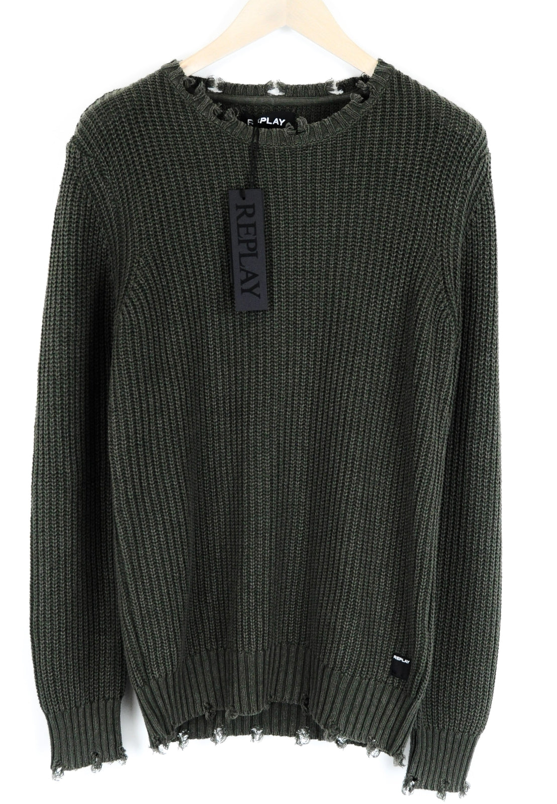 REPLAY Men 2XL Green Jumper Long Sleeve Knitted Cotton Sweater Round Neck