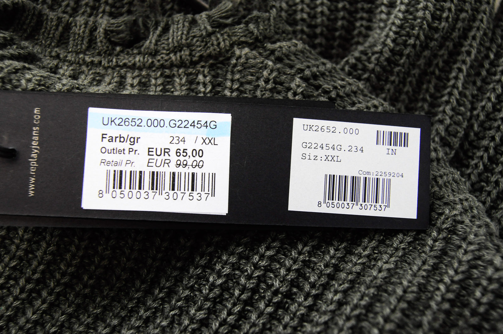 REPLAY Men 2XL Green Jumper Long Sleeve Knitted Cotton Sweater Round Neck