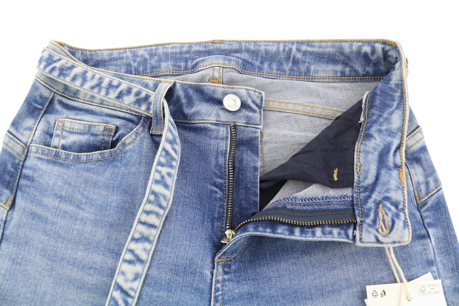 LIU JO Women Jeans ~W30/L28 Washed Denim Blue Belted Split Zip Fly Slim Fit