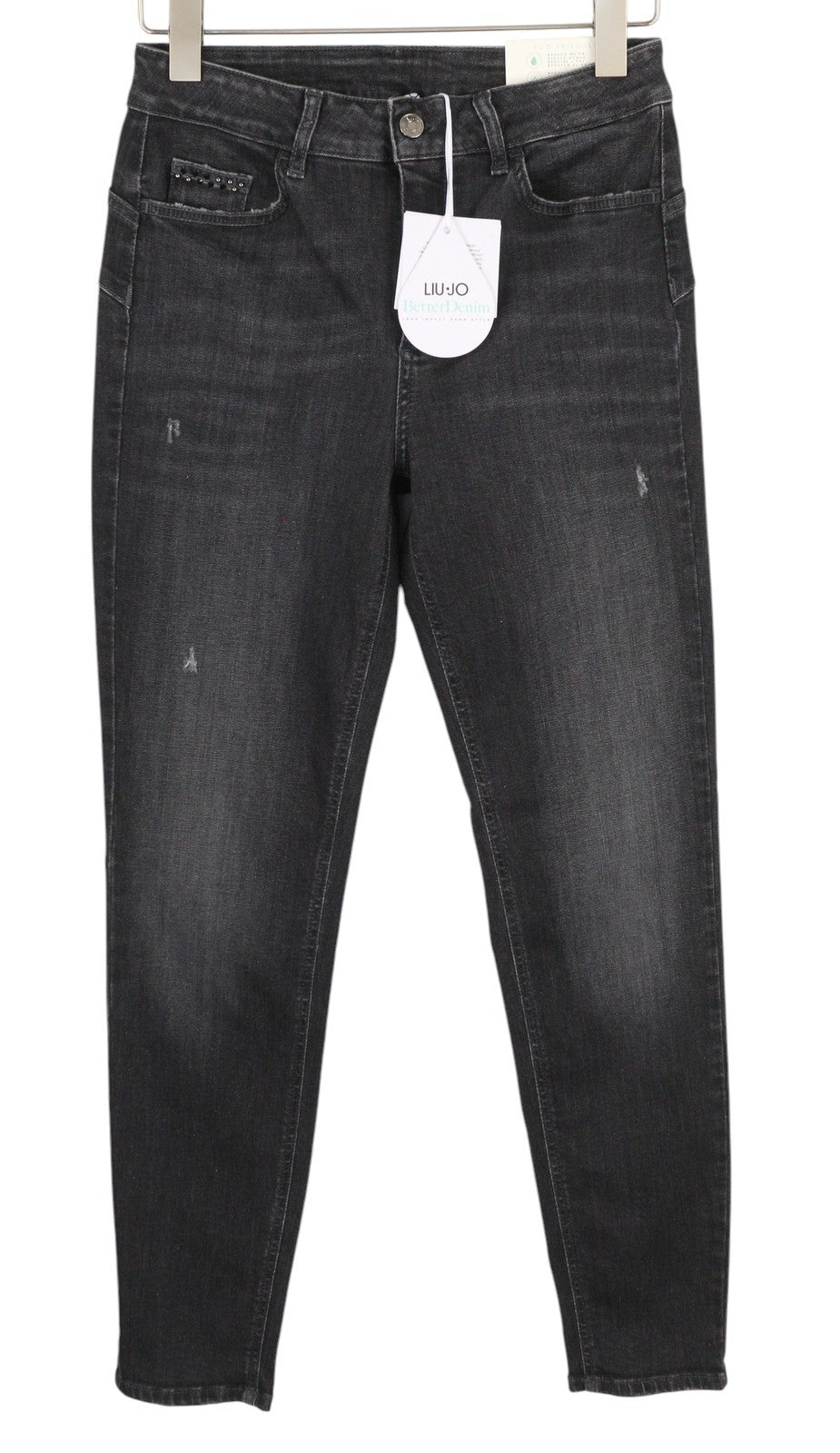 LIU JO Women Jeans W31/L30 Washed Denim Black Ripped Distress Skinny Fit Logo