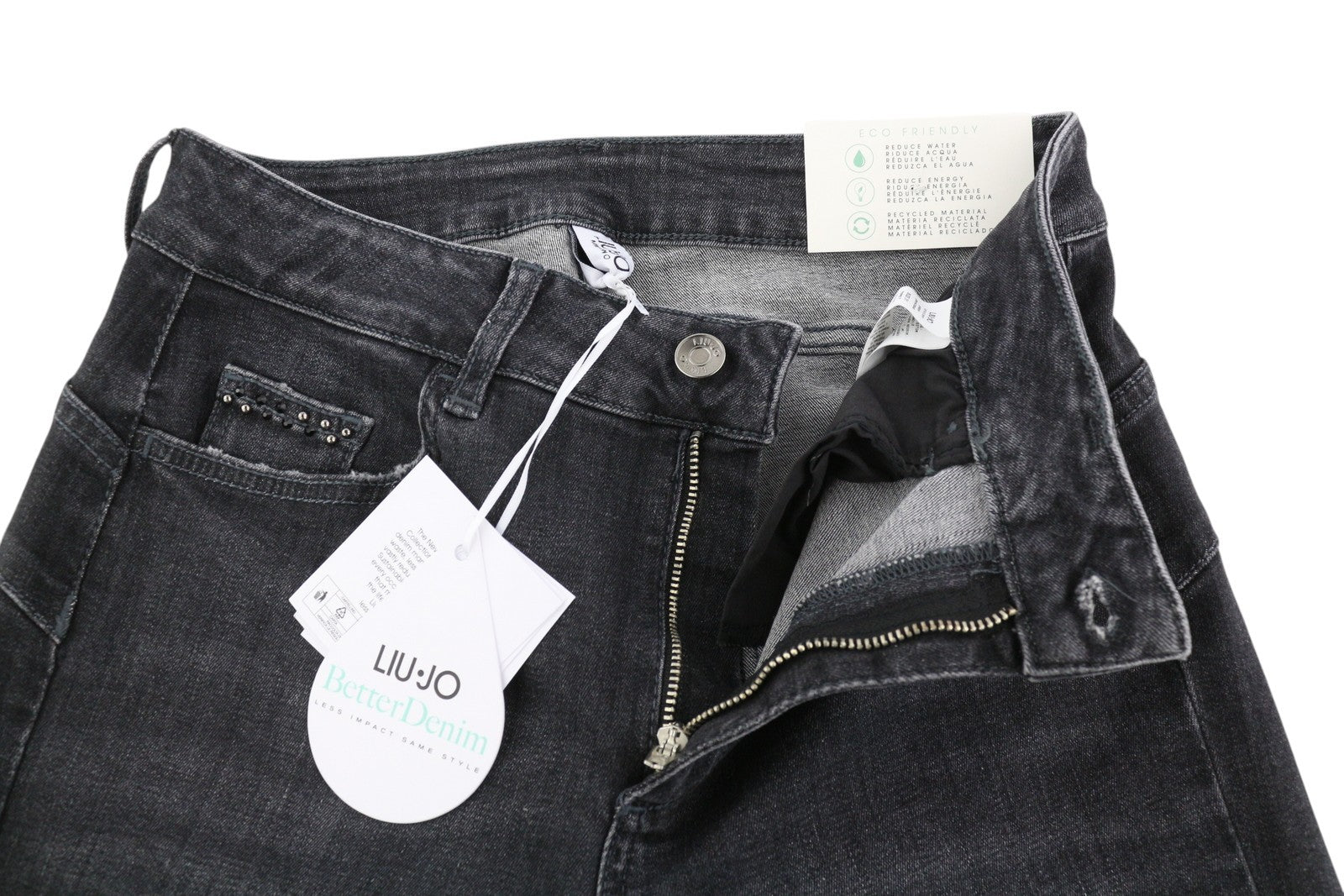 LIU JO Women Jeans W31/L30 Washed Denim Black Ripped Distress Skinny Fit Logo