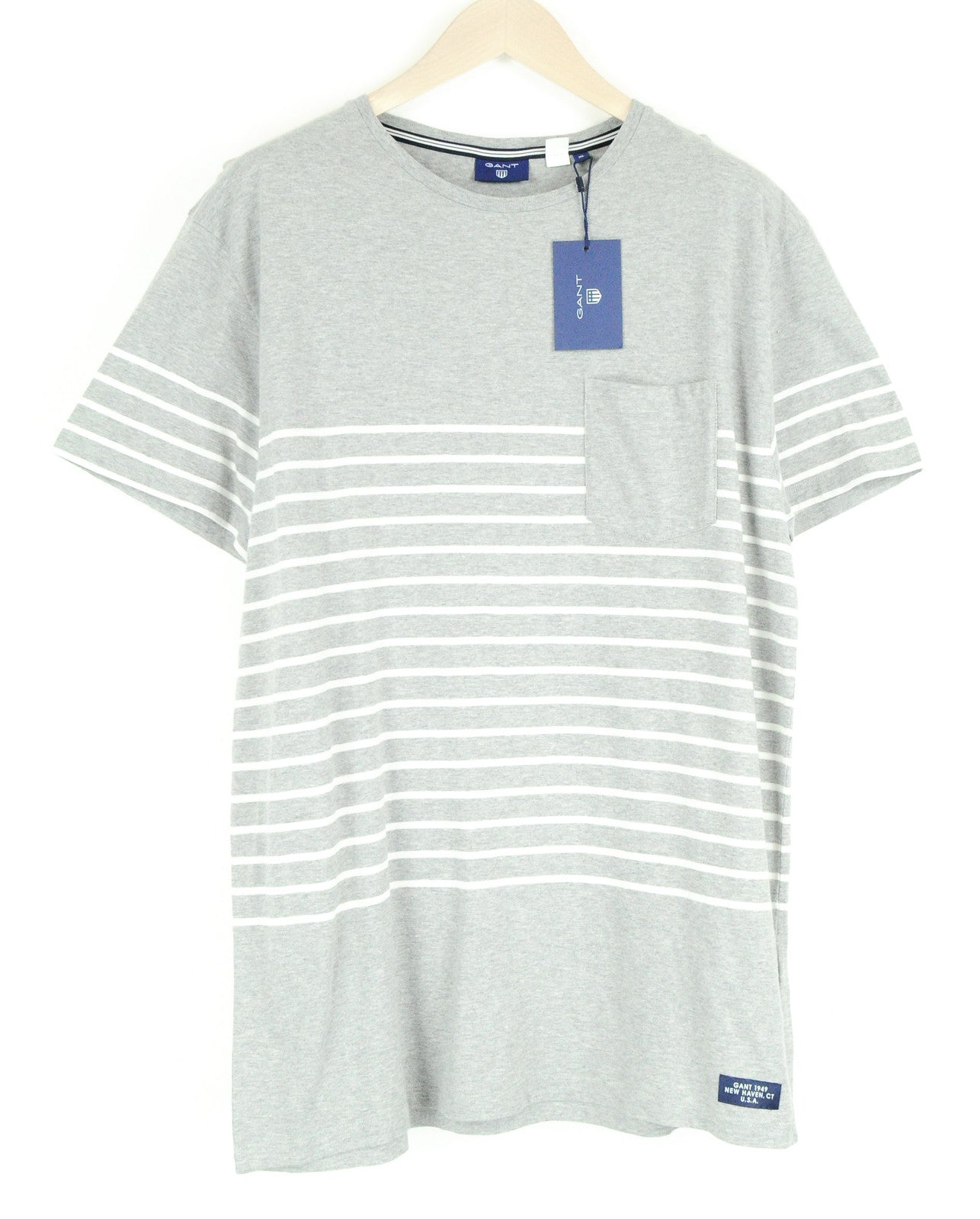 GANT Men's T-Shirt XL Grey Striped Cotton Short Sleeve Pocket