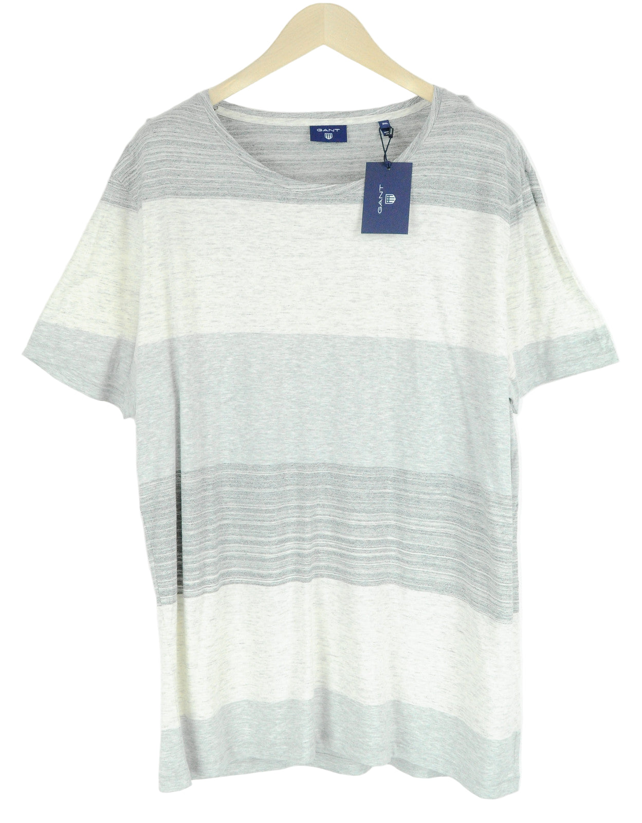 GANT Men T-Shirt 2XL Striped Cotton Summer Grey Melange Short Sleeve