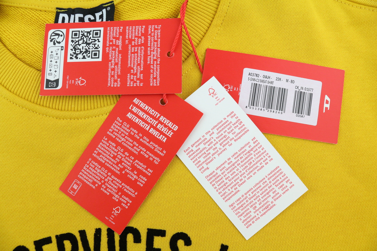 DIESEL S-Ginn-C3 Men Sweatshirt M Yellow Pullover Crew Neck Long Sleeve RRP€110