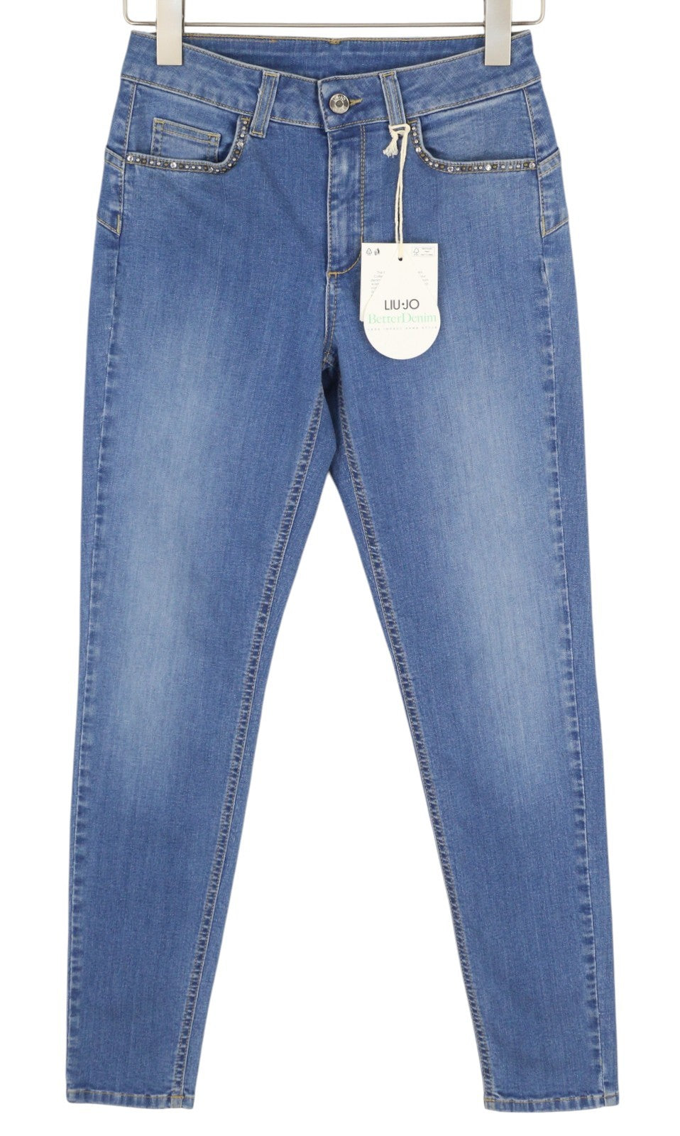LIU JO Divine Women Jeans W28 Skinny Fit Washed Denim Blue Rhinestone Zip Fly