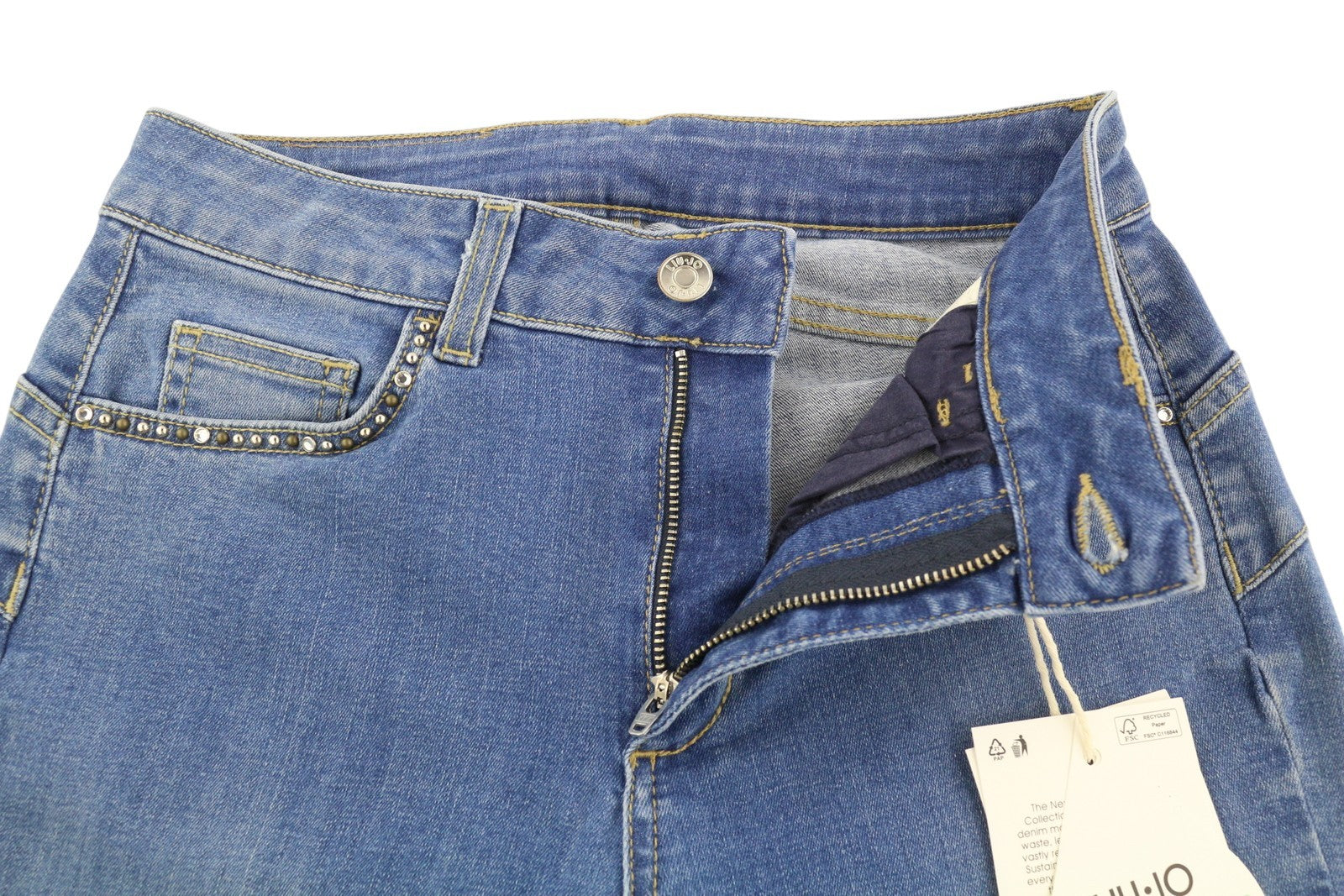 LIU JO Divine Women Jeans W28 Skinny Fit Washed Denim Blue Rhinestone Zip Fly