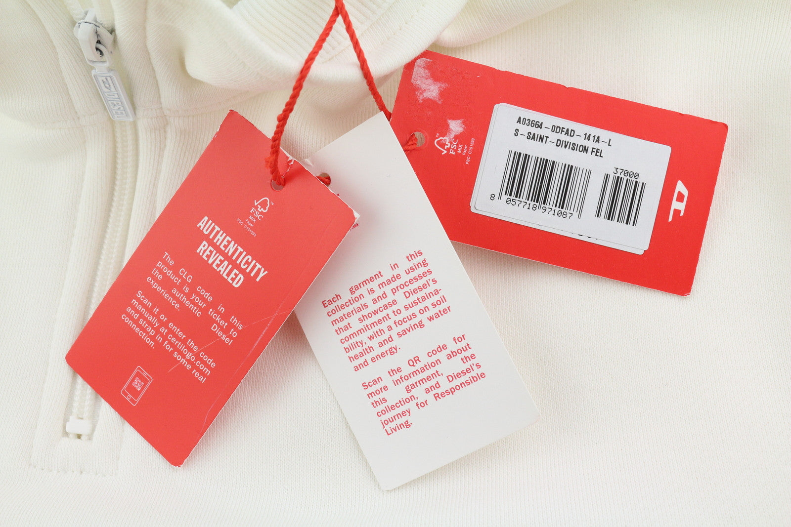 DIESEL S-Saint-Division Men Sweatshirt L White Pullover Half Zip Neck RRP€225