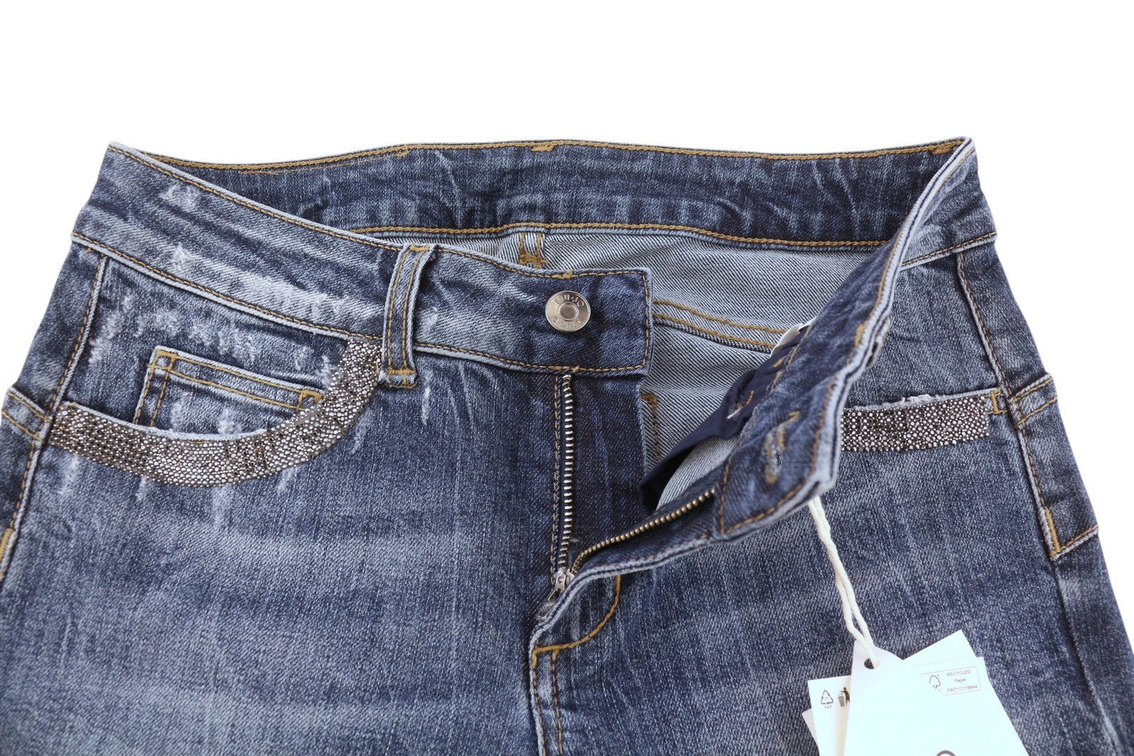 LIU JO Magnetic Women Jeans W28 Denim Blue Skinny Ripped Distress Rhinestones