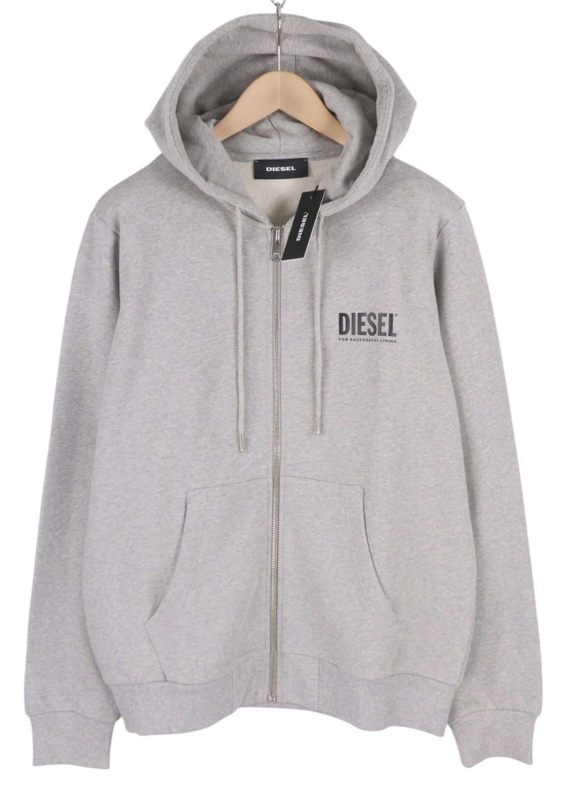 DIESEL S-Girk-Hood-Zip-Logo Men Hoodie L Grey Melange Full Zip Pockets RRP€170