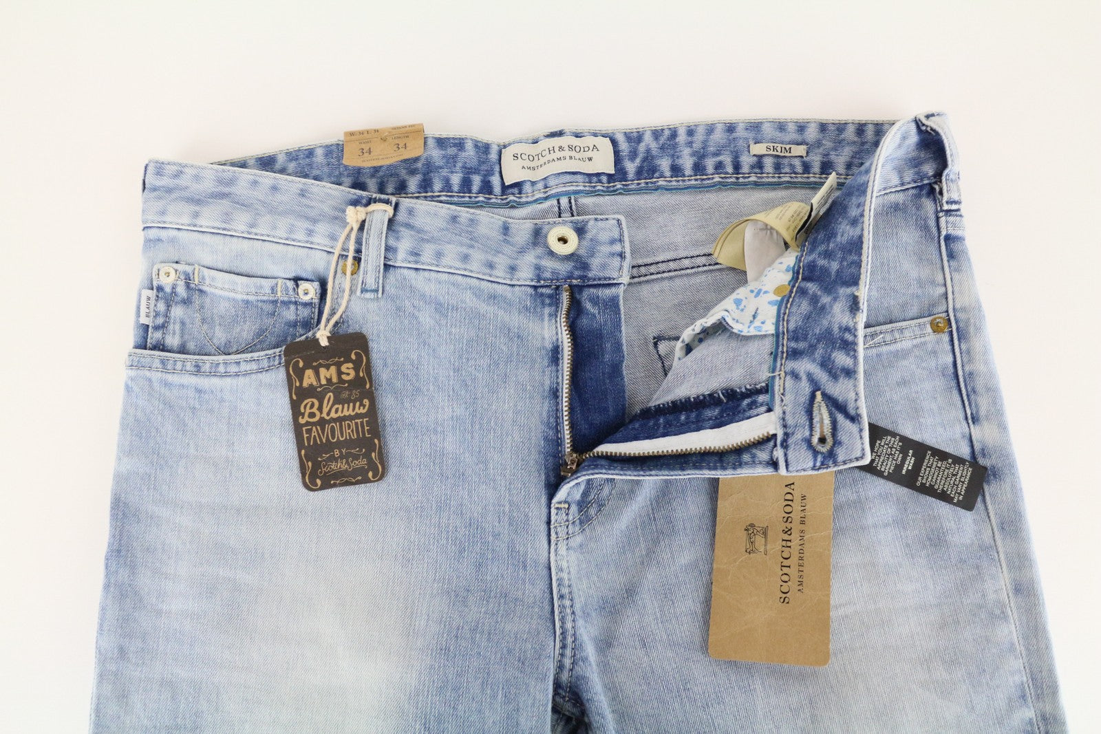 SCOTCH & SODA Skim W34/L34 Blue Stretch Jeans Skinny Fit Washed Denim Men's