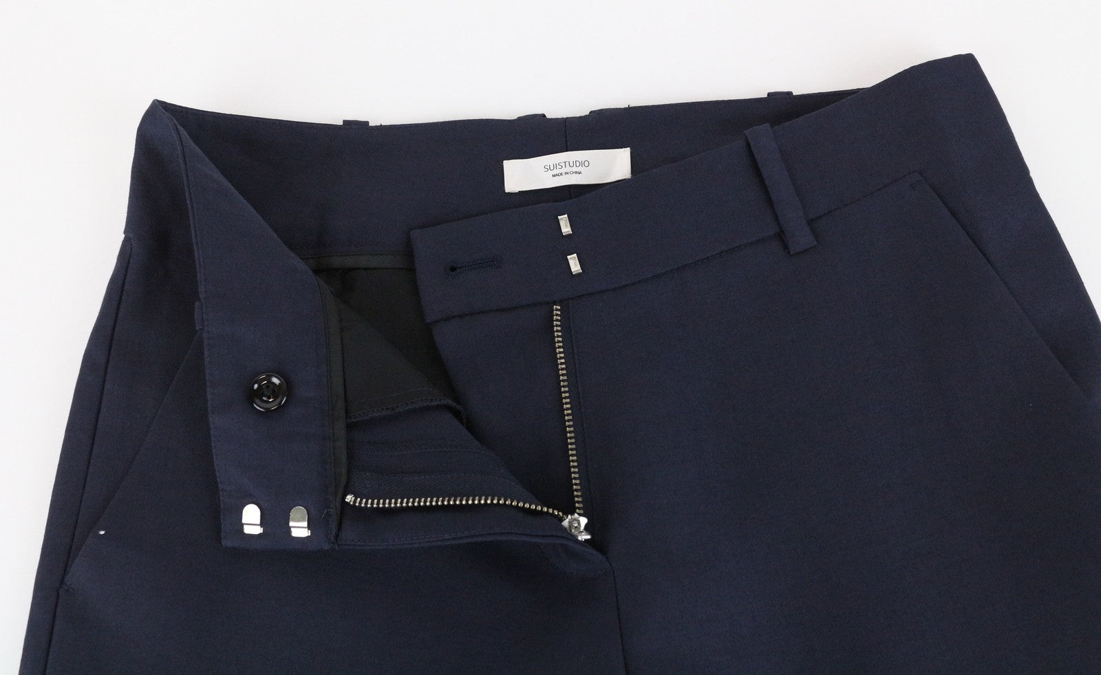 SUISTUDIO Lucian Navy Wool-Silk Trousers EU34R Pleated Lined Classic Women's