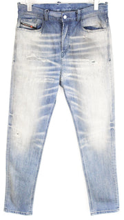 DIESEL vyriški džinsai W30/L32 D-Vider 084AQ morkų kirpimo, sendinto mėlyno, tampraus rašto, plėšyti. 