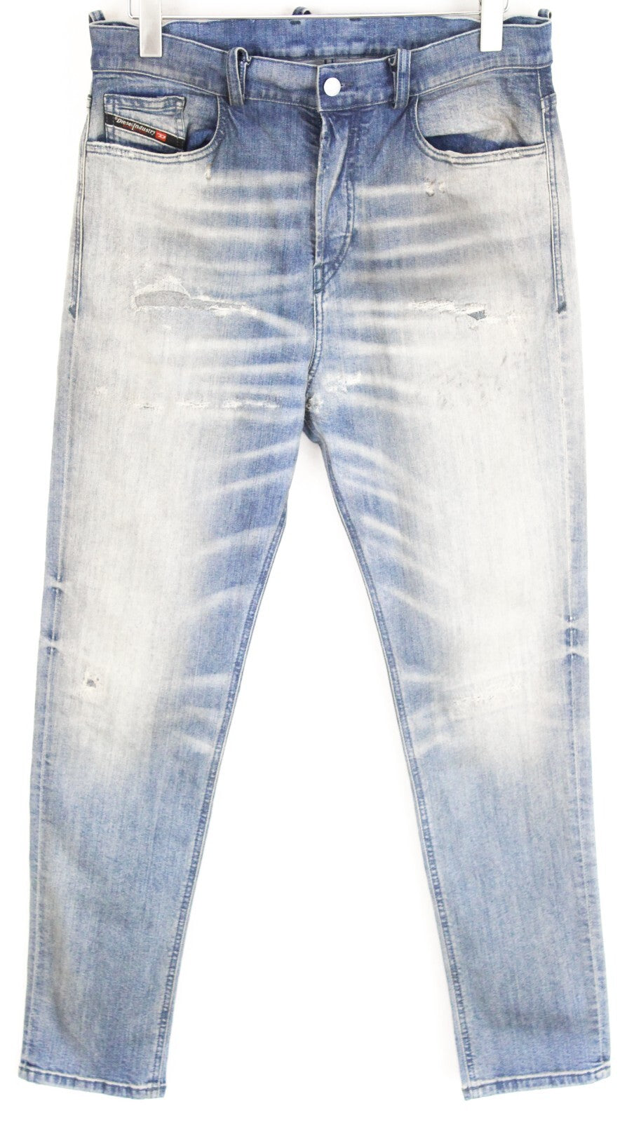 DIESEL vyriški džinsai W30/L32 D-Vider 084AQ morkų kirpimo, sendinto mėlyno, tampraus rašto, plėšyti. 