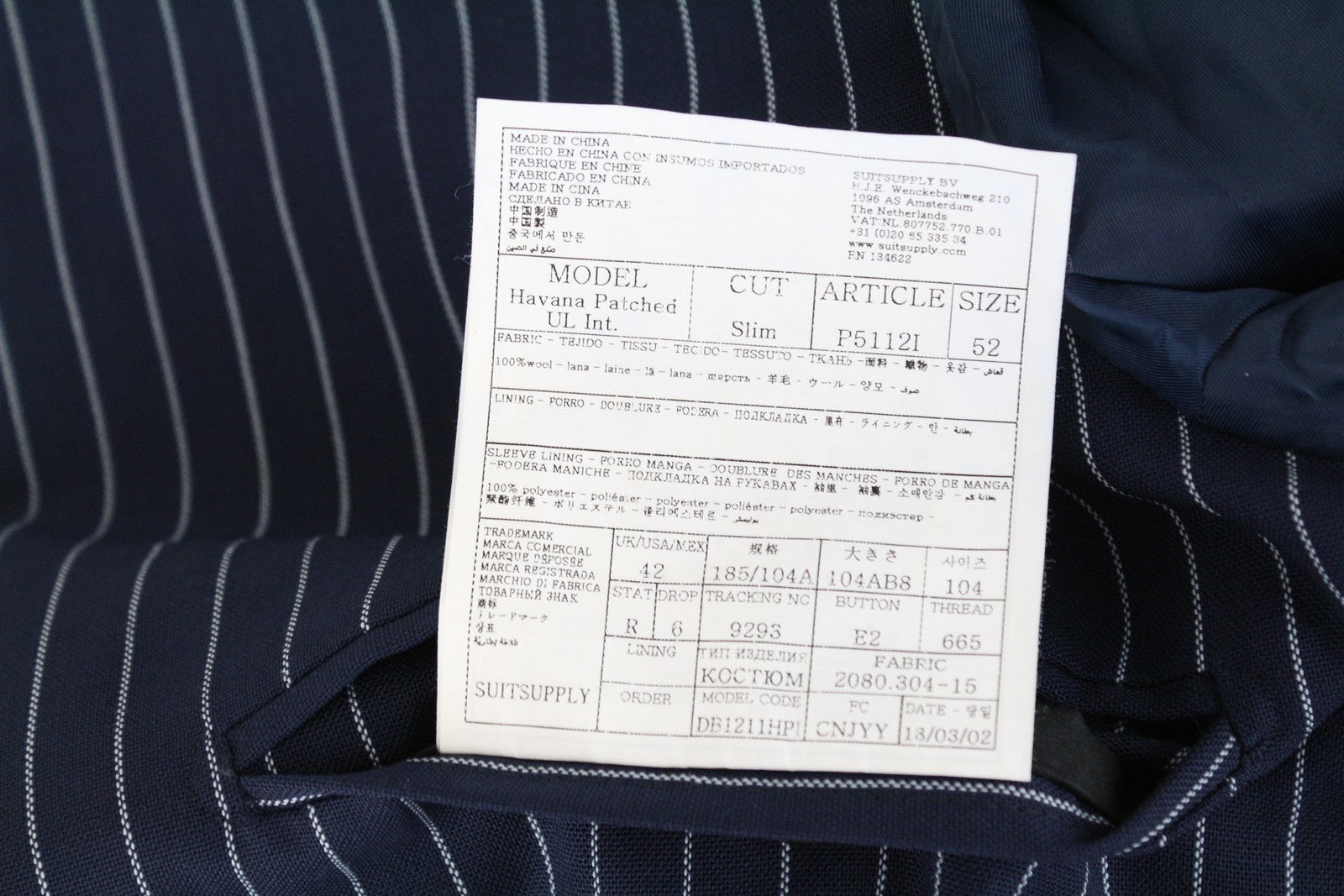 SUITSUPPLY Havana Traveller Blazer UK42R Blue Wool Slim Unlined Men's Stripe