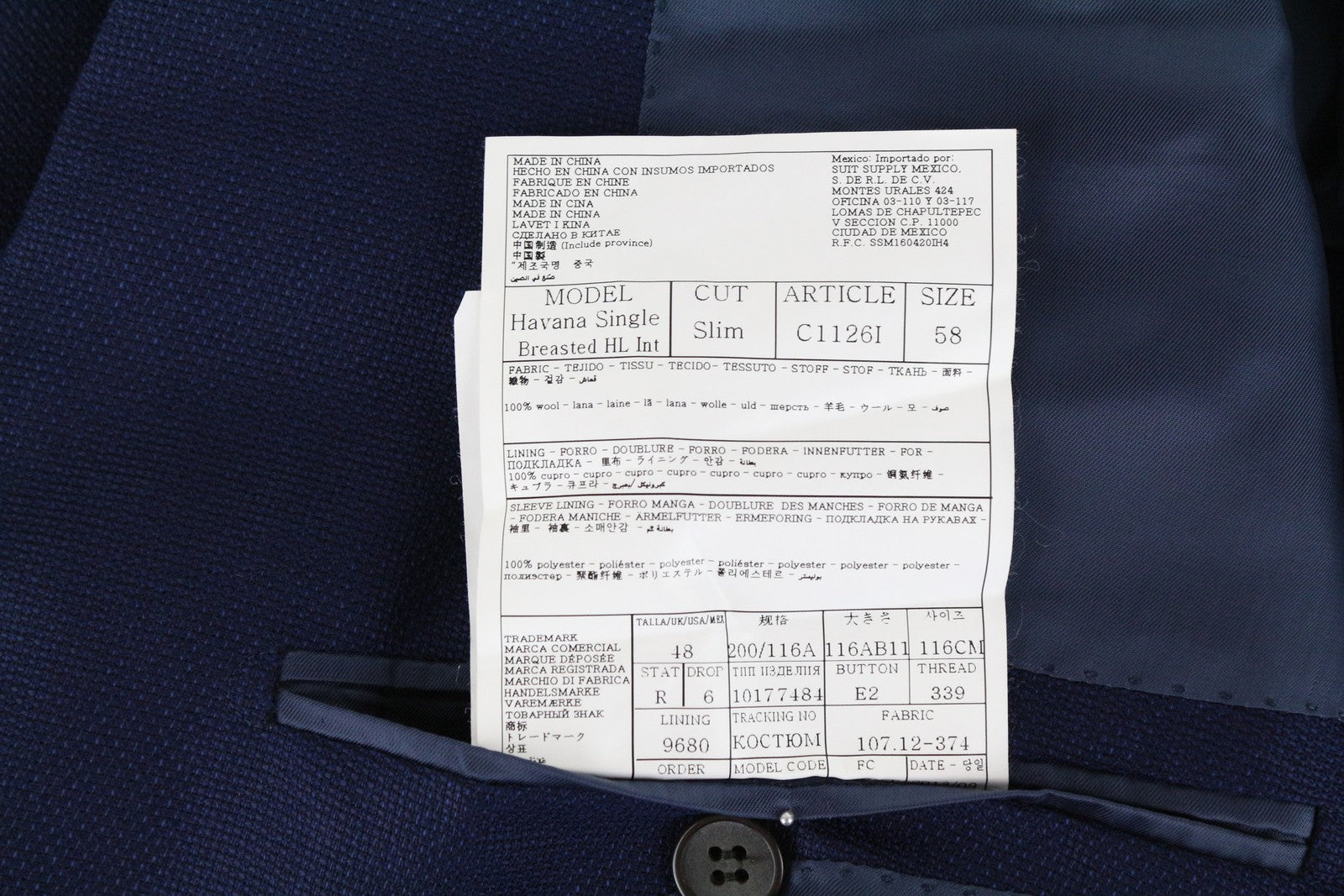 SUITSUPPLY Havana Slim Fit Wool Blazer UK48R Men's Blue Classic Single-Breasted