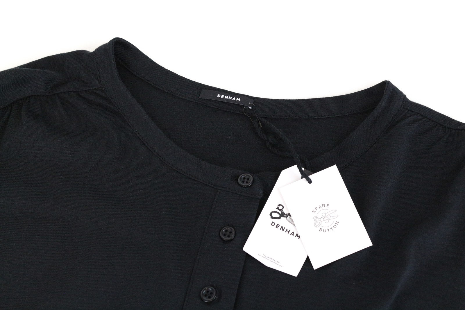 DENHAM Baldwin T-Shirt XS Black Half-Button Cotton Blend Long Sleeve Women's