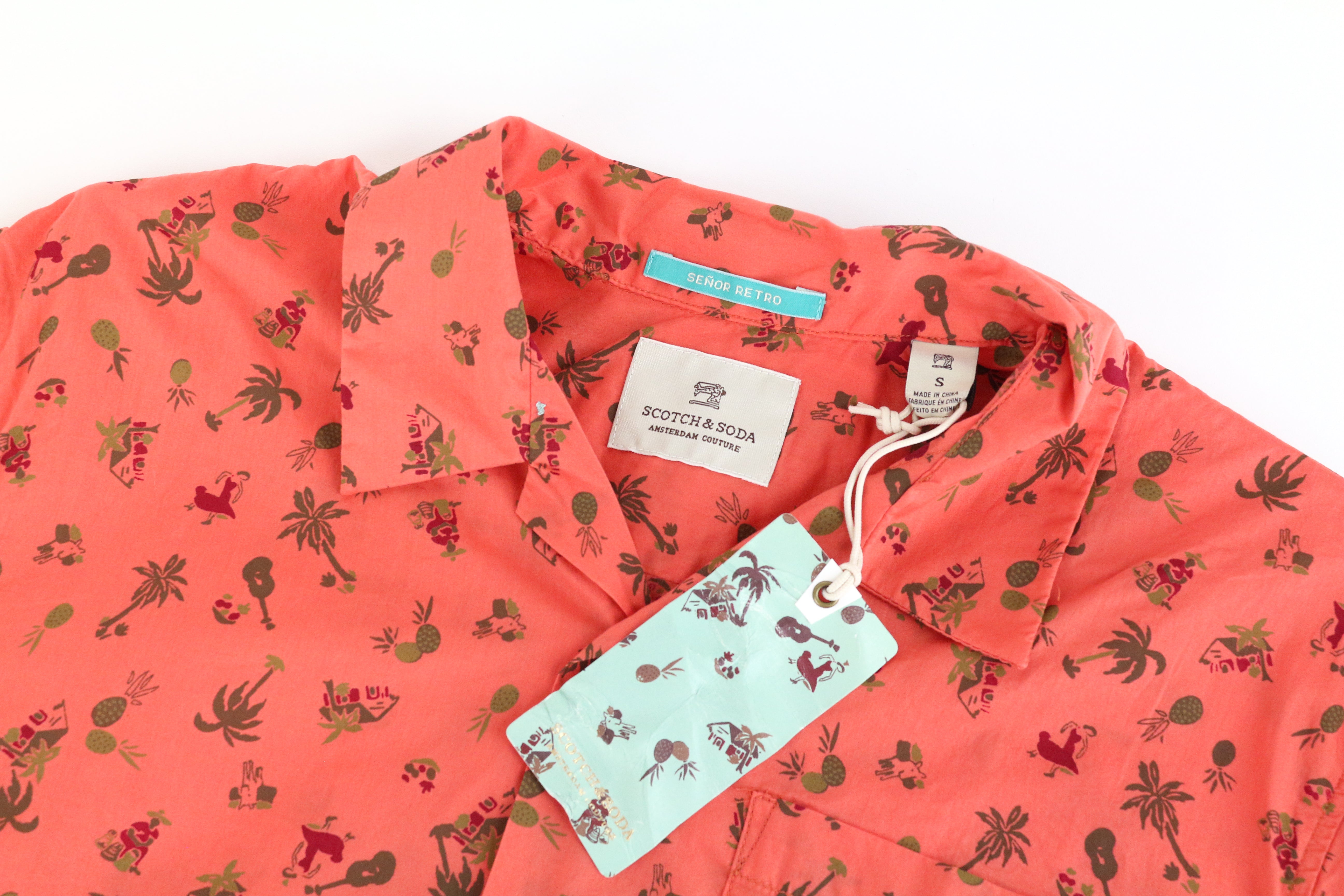 SCOTCH & SODA Ams Couture Shirt S Orange Pure Cotton Pattern Short Sleeve Men's