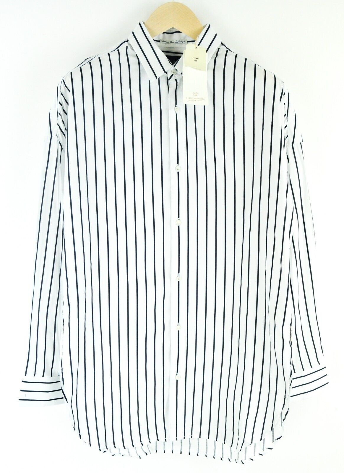 SCOTCH & SODA Men Shirt M Long Fit White Cotton Striped Long Sleeve
