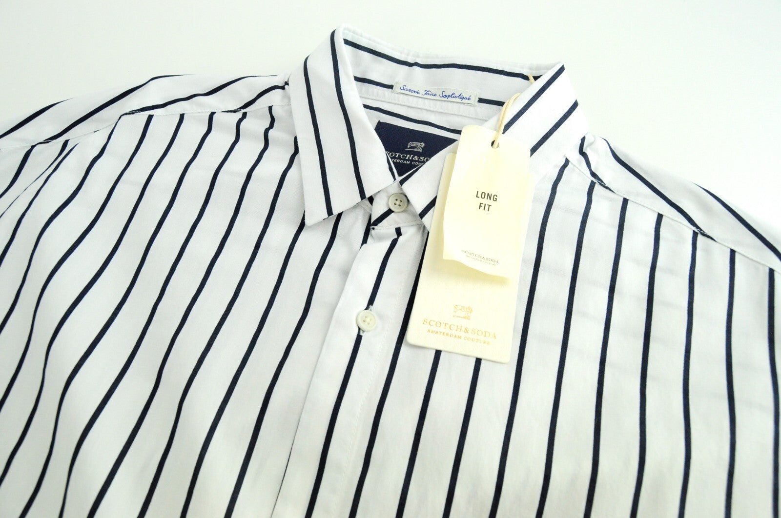 SCOTCH & SODA Men Shirt M Long Fit White Cotton Striped Long Sleeve